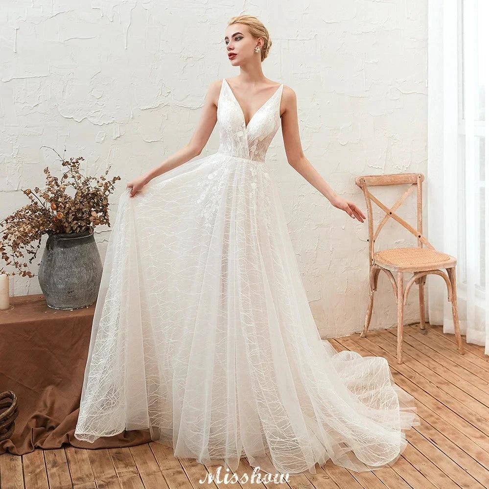 Chic Deep V-Neck White Tulle Princess Open Back Wedding Dress with Court Train by misshow.com