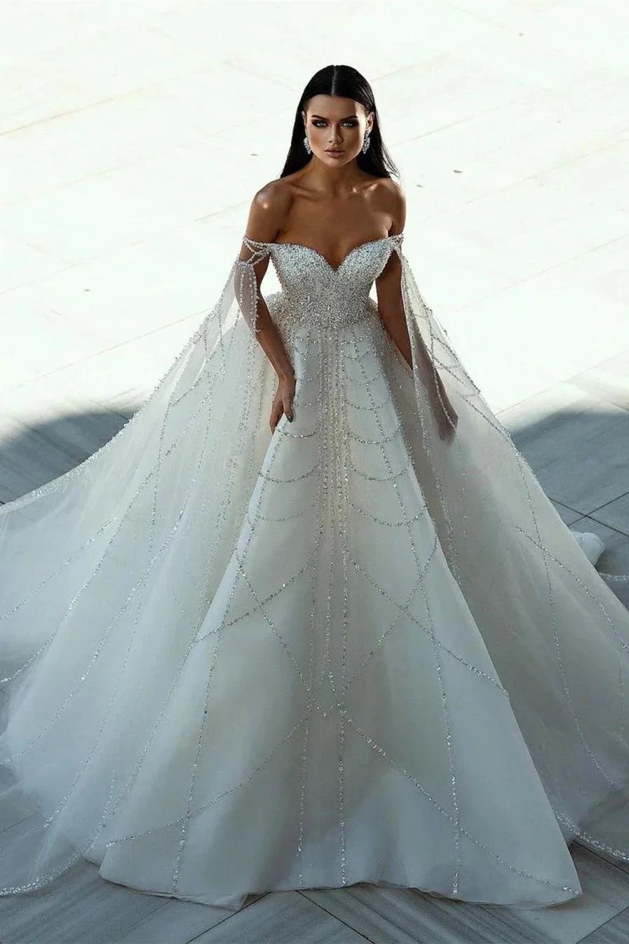 Chic Floor Length Sweetheart Off-The-Shoulder A-Line Sequined Wedding Dress (ZD14788) - VelvetHem