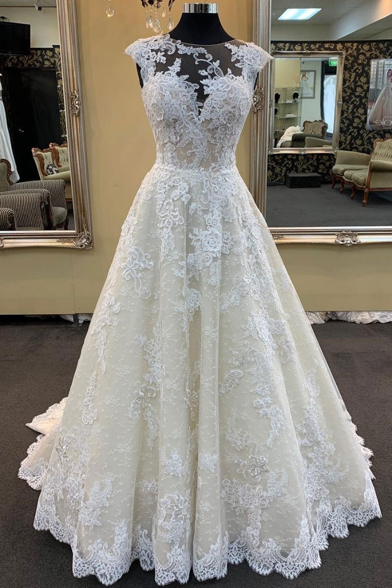 Chic Ivory Lace Round Neck Long Wedding Dress Cap Sleeve Sweep Train Bridal Gowns On Sale (ZD17449) - VelvetHem