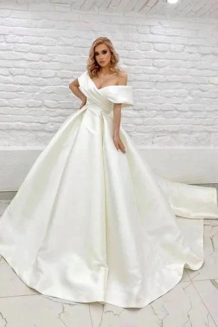 Chic Long A-line Off-the-shoulder Ivory Simple Sleeveless Wedding Dress (ZD15577) - VelvetHem