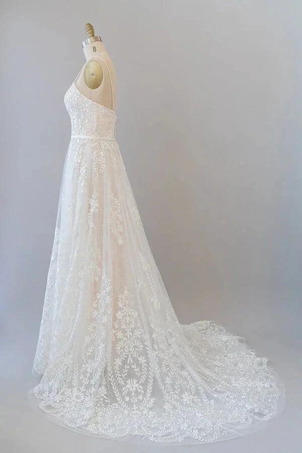 Chic Long A-line Sweetheart Spaghetti Strap Appliques Tulle Wedding Dress (ZD15781)
