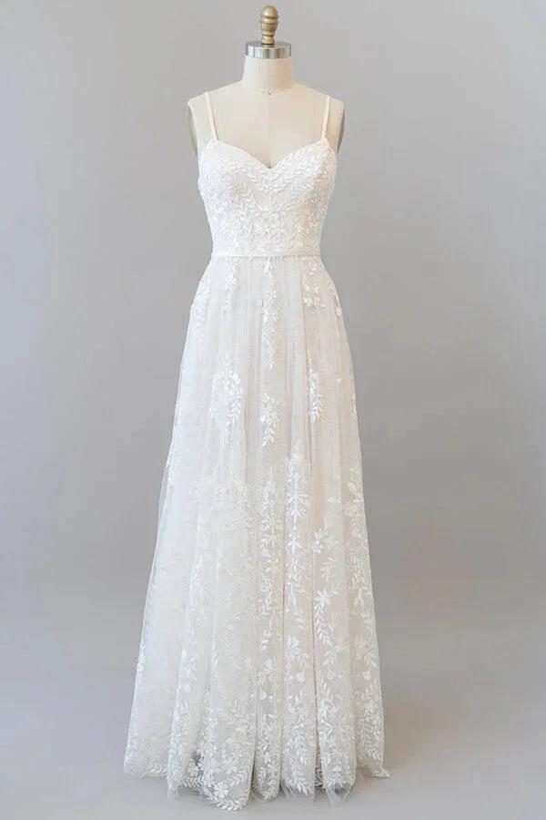 Chic Long A-line Sweetheart Spaghetti Strap Appliques Tulle Wedding Dress (ZD15781) - VelvetHem