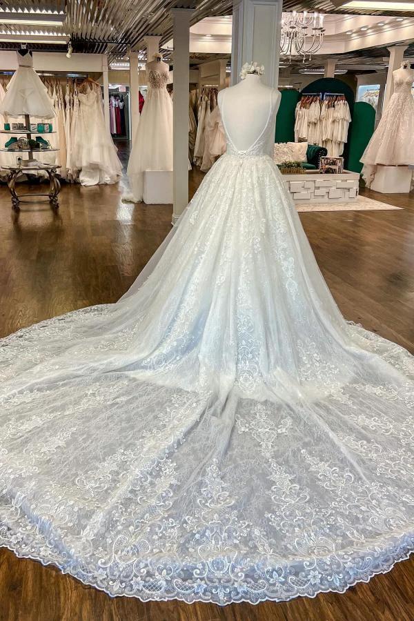 Chic Long A-line V-neck Floral Lace Open Back Wedding Dresses (ZD16725)