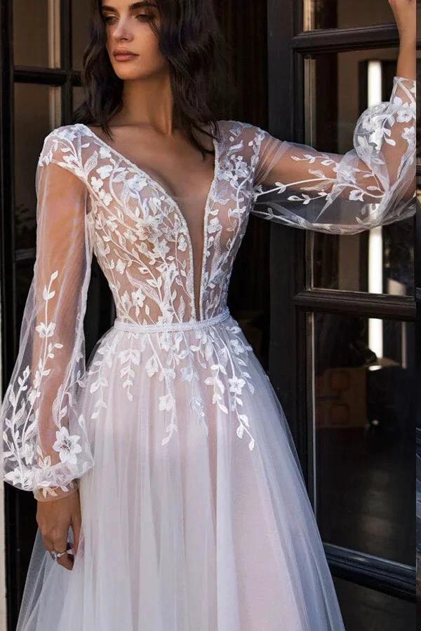 Chic Long A-line V-neck Tulle Lace Chapel Train Wedding Dress with Sleeves (ZD14362)