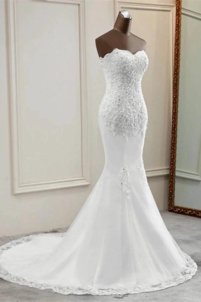 Chic Long Mermaid Strapless Lace Appliques Wedding Dress (ZD15157)