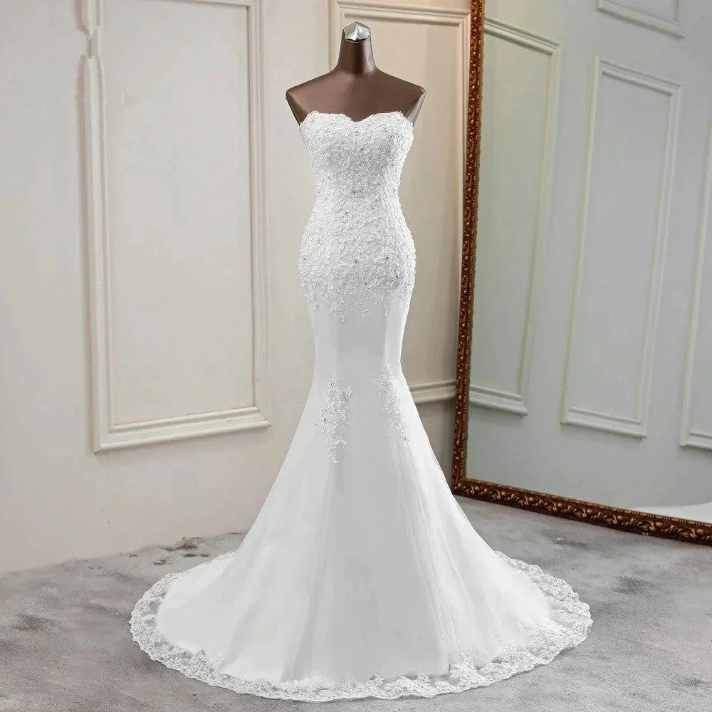 Chic Long Mermaid Strapless Lace Appliques Wedding Dress (ZD15157)
