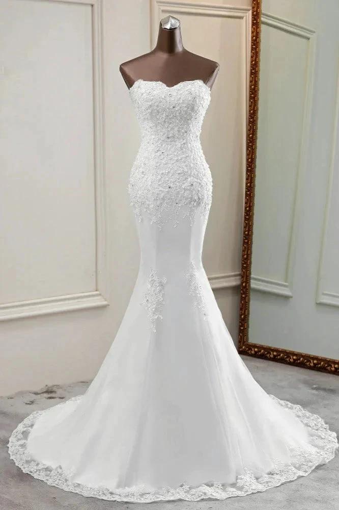 Chic Long Mermaid Strapless Lace Appliques Wedding Dress (ZD15157)