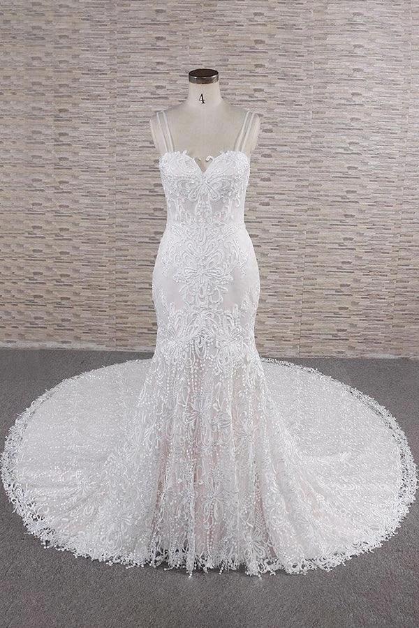 Chic Long Mermaid Sweetheart Spaghetti Strap Appliques Lace Wedding Dress (ZD15808) - VelvetHem