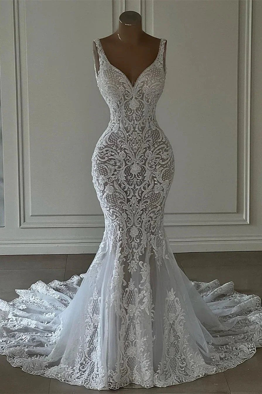 Chic Long Mermaid V-neck Sleeveless Wedding Dress With Lace (ZD15685) - VelvetHem