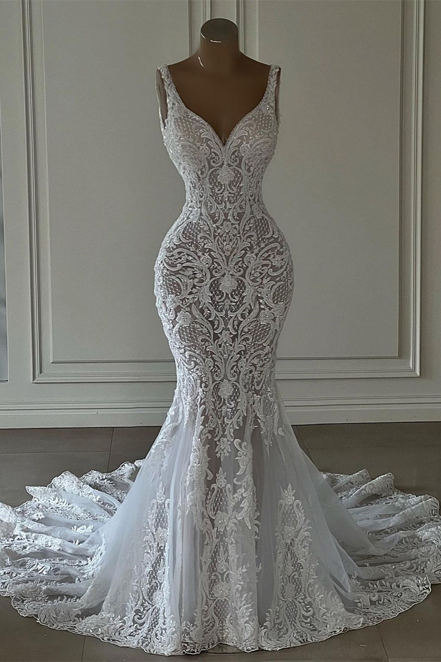 Chic Long Mermaid V-neck Sleeveless Wedding Dress with Lace Embellishments (ZD17484) - VelvetHem