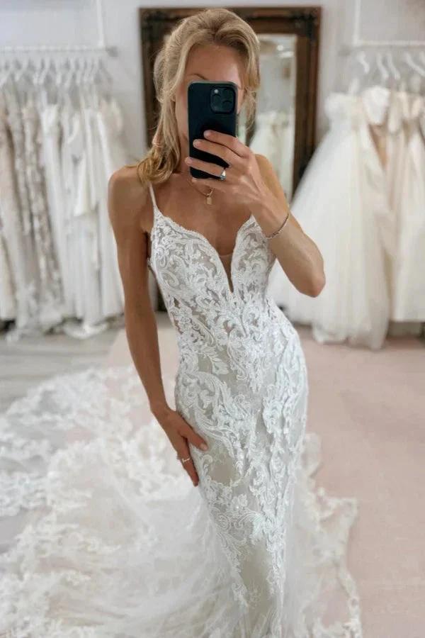 Chic Long Mermaid V-neck Spaghetti Straps Backless Lace Wedding Dress (ZD15504) - VelvetHem