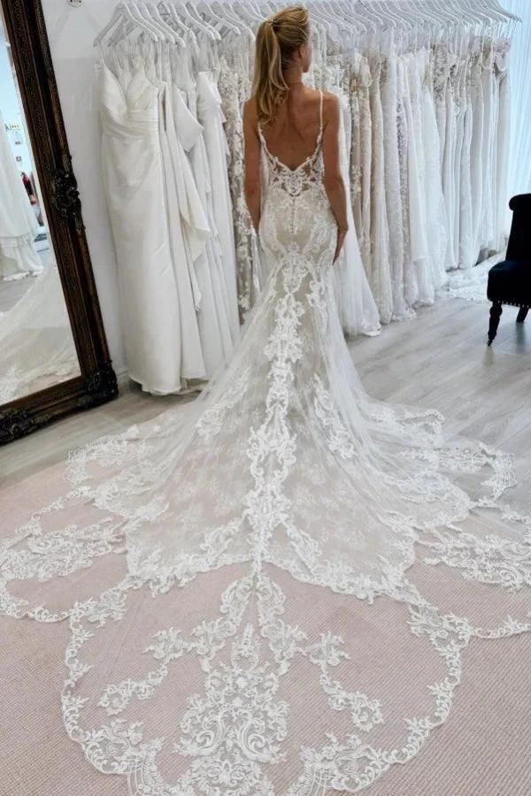 Chic Long Mermaid V-neck Spaghetti Straps Backless Lace Wedding Dress (ZD15504)
