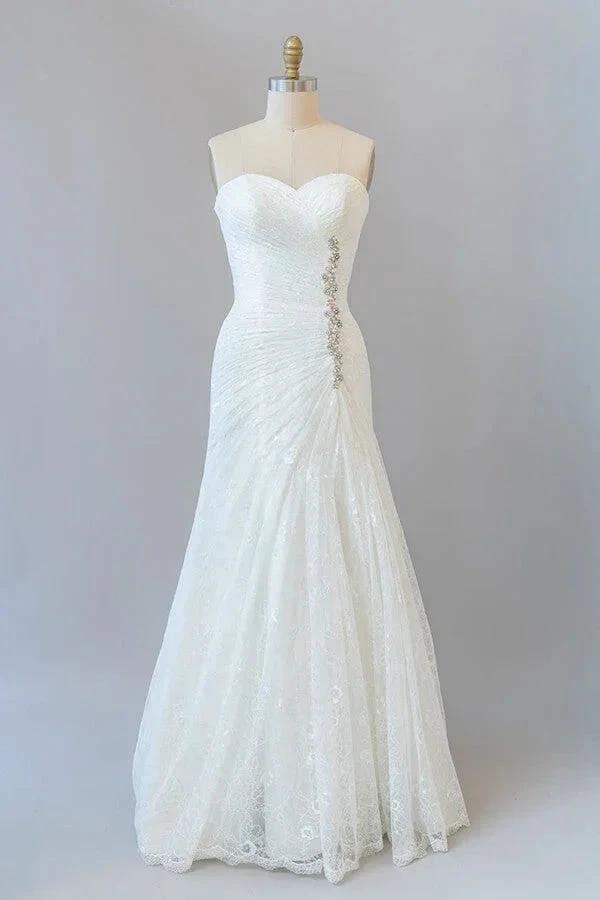 Chic Long Sheath Strapless Ruffle Lace Wedding Dress (ZD14387) - VelvetHem