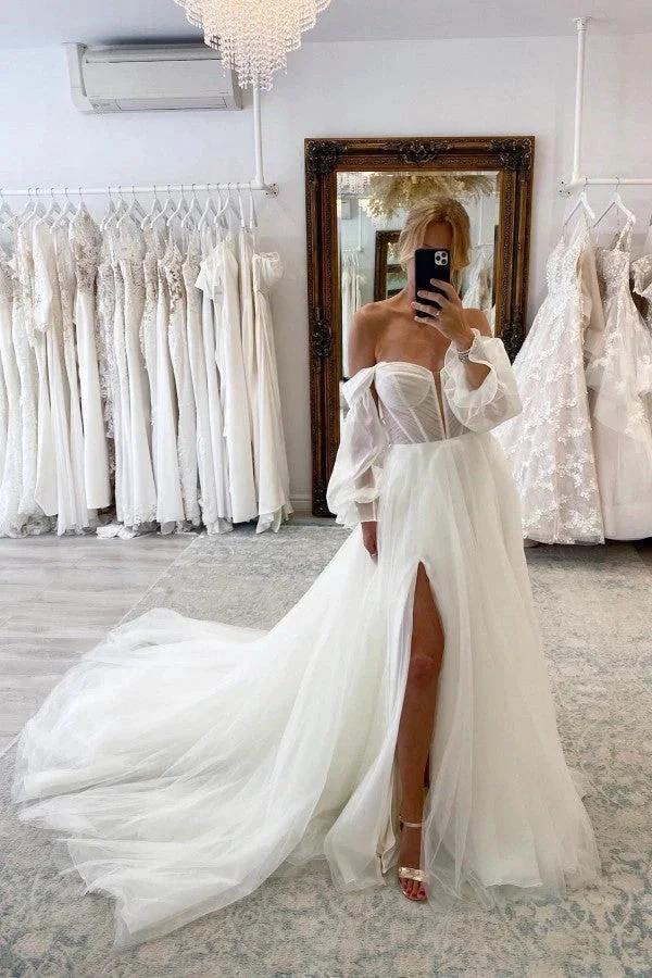 Chic Long Sleeves A-line Sweetheart Front Slit Tulle Wedding Dress with Chapel Train (ZD16695) - VelvetHem