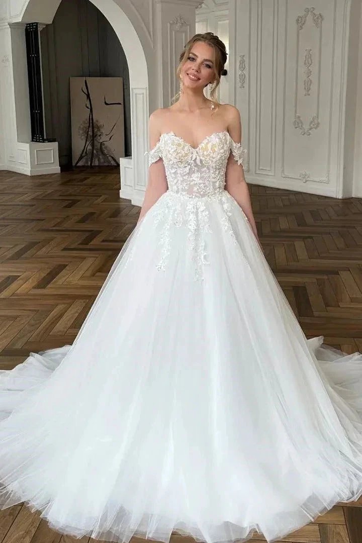 Chic Long White A-line Off-the-shoulder Lace Tulle Wedding Dress (ZD14813) - VelvetHem