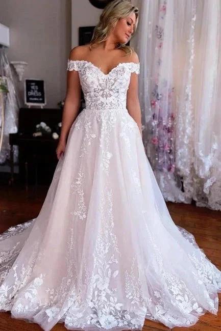 Chic Long White A-line Off-the-shoulder Sleeveless Wedding Dress with Lace (ZD16622)