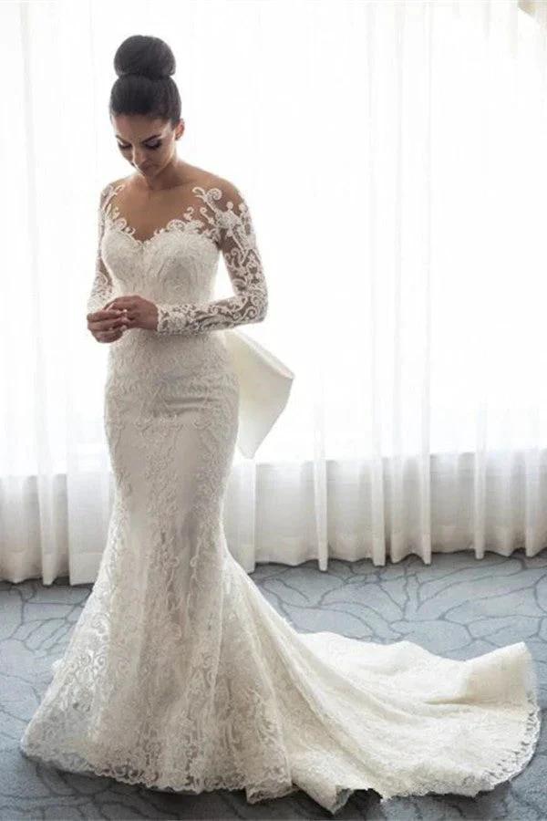 Chic Mermaid Lace Long Sleeves Wedding Dress With Detachable Train (ZD16500) - VelvetHem