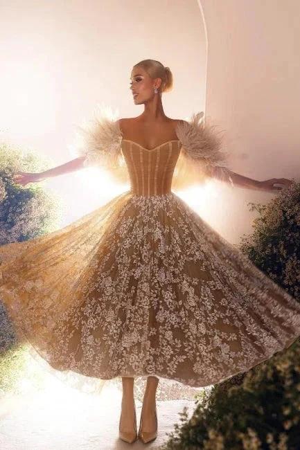 Chic Off-the-shoulder Ankle Length Sweetheart Lace Wedding Dress (ZD16642) - VelvetHem