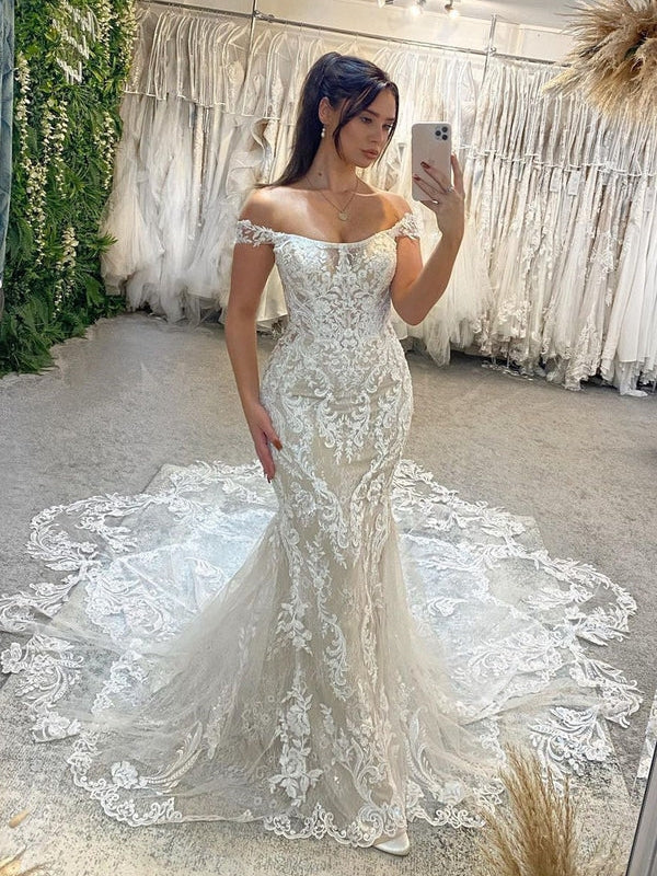 Romantic Off-Shoulder Lace Fit And Flare Large Lace Train Bridal Dress