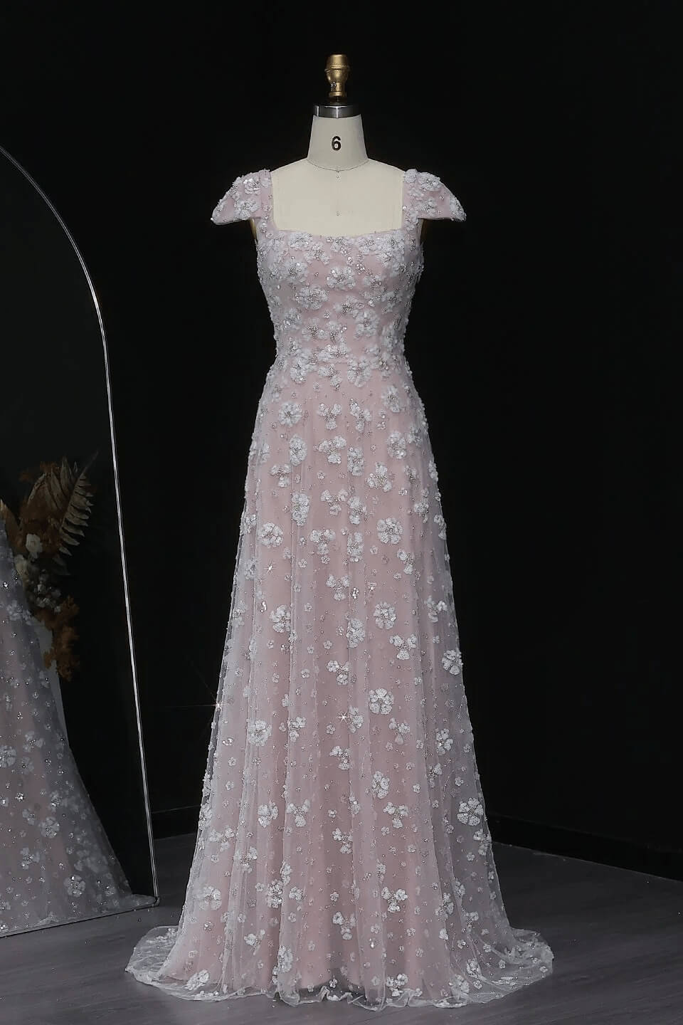 Pink Cap Sleeve Prom Dress Square Neck Beaded A Line Tulle Formal Gown