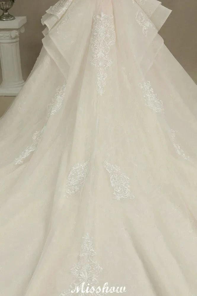 Chic Short Sleeves Tulle Lace Appliques Bridal Gown Spring Garden Wedding Dress (ZD13993)