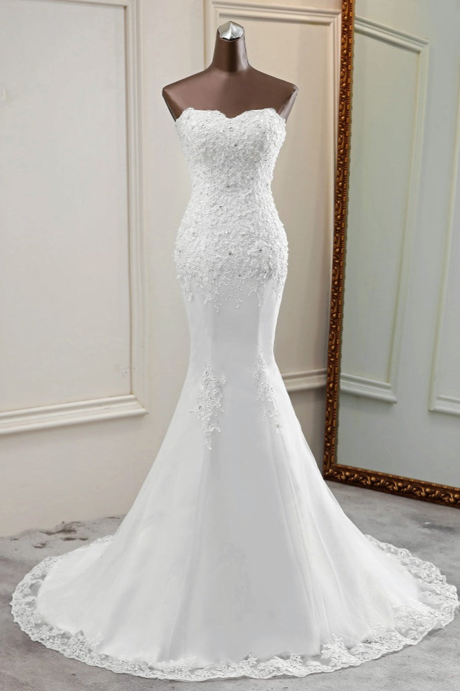 Chic Strapless Lace Appliques White Mermaid Wedding Dresses with Beadings (ZD17423) - VelvetHem