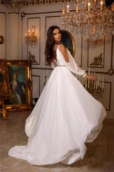 Chic Summer Chiffon A-line V-neck Wedding Dresses With Long Sleeves (ZD14952)