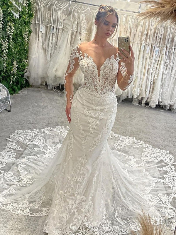 Long Sleeve Deep V Illusion Lace Low Open Back Mermaid Wedding Dress - VelvetHem