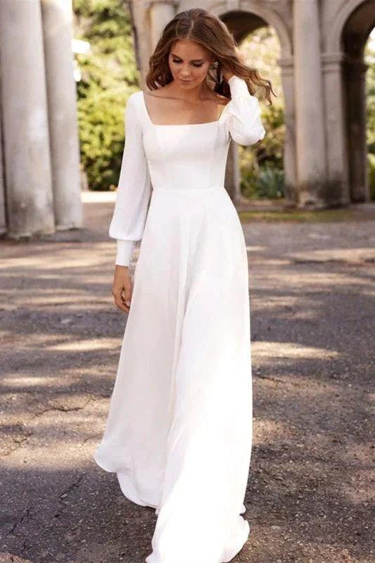 Chic White Satin Long Sleeves A-Line Wedding Dresses Long (ZD16409) - VelvetHem