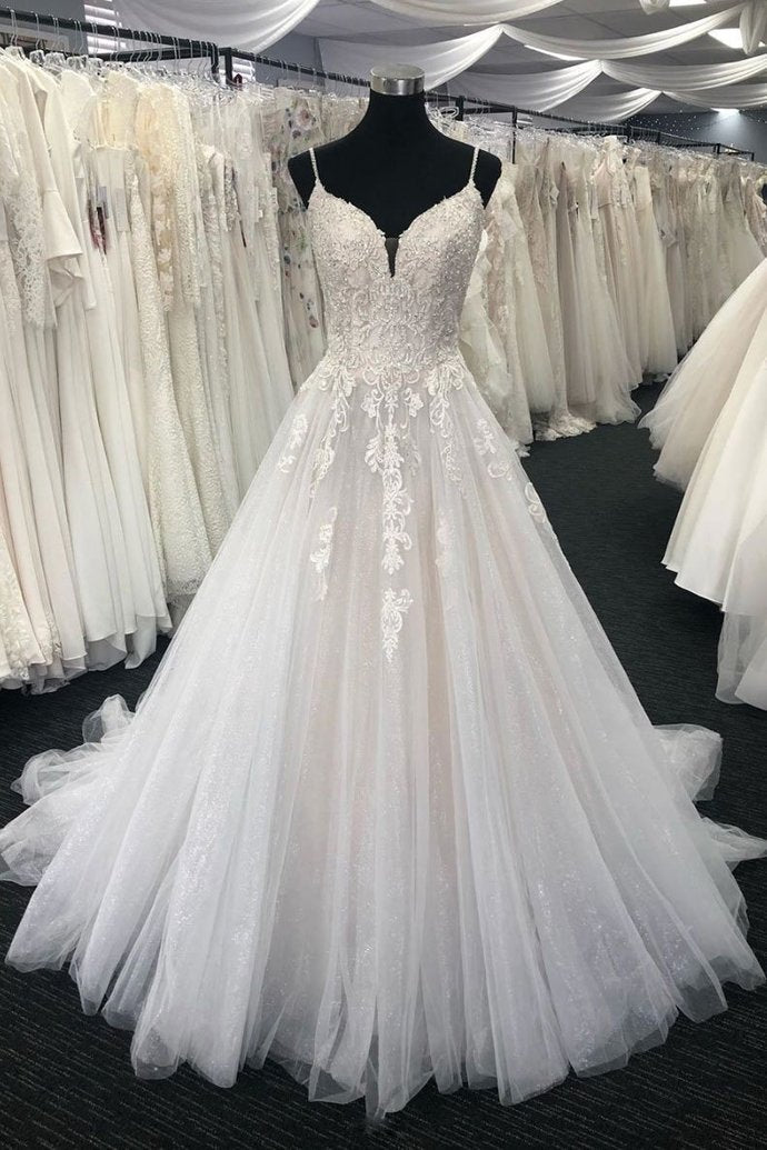 Chic White Tulle Lace Long Wedding Dress Spaghetti Straps Bridal Gowns On Sale (ZD17431)