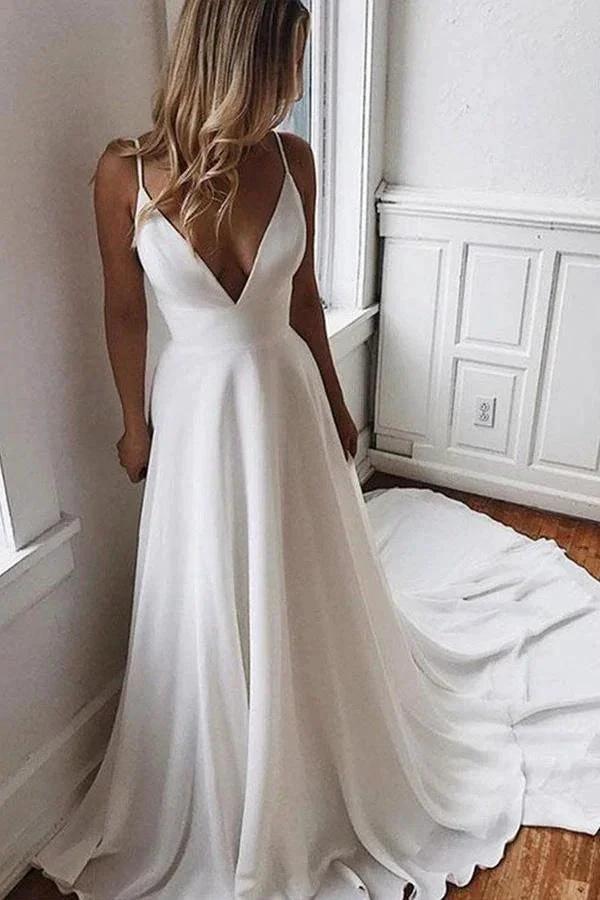 Chiffon A-line V-neck Lace Spaghetti Straps Wedding Dress with Sweep Train (ZD16342) - VelvetHem