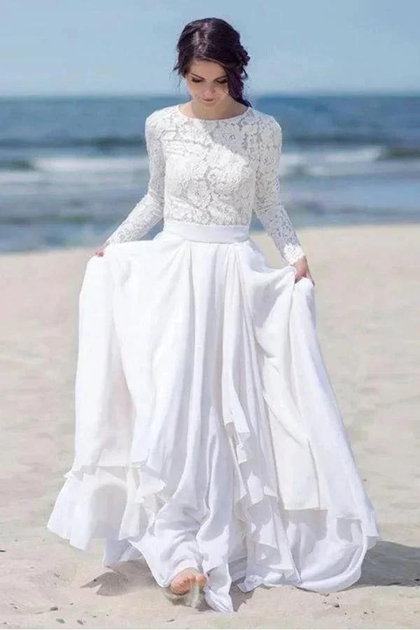 Chiffon Lace Long Sleeve White Zipper Beach Wedding/Bridal Dress (ZD15312) - VelvetHem