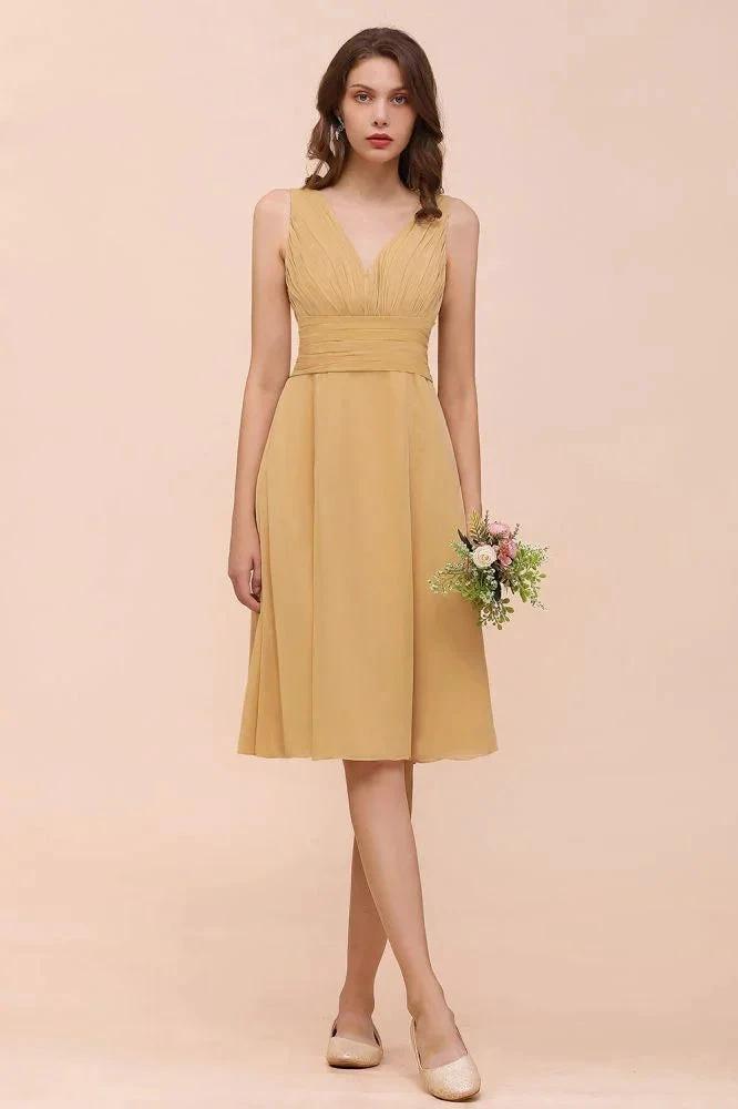 Chiffon Mini Golden Bridesmaid Dress Daily Casual Dress Sleeveless V-neck (ZD12997) - VelvetHem