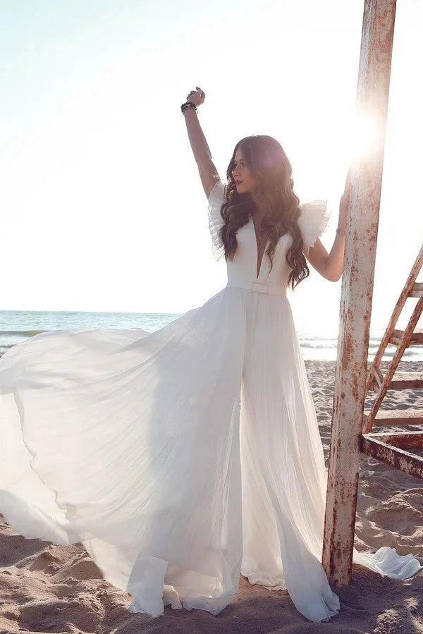 Chiffon Ruffless Sleeves V-Neck Summer Beach Wedding Dress (ZD16593)