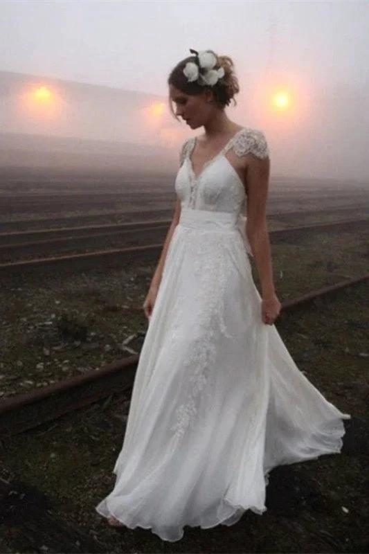 Chiffon Sleeveless V-Neck Lace Wedding Dress (ZD13846) - VelvetHem