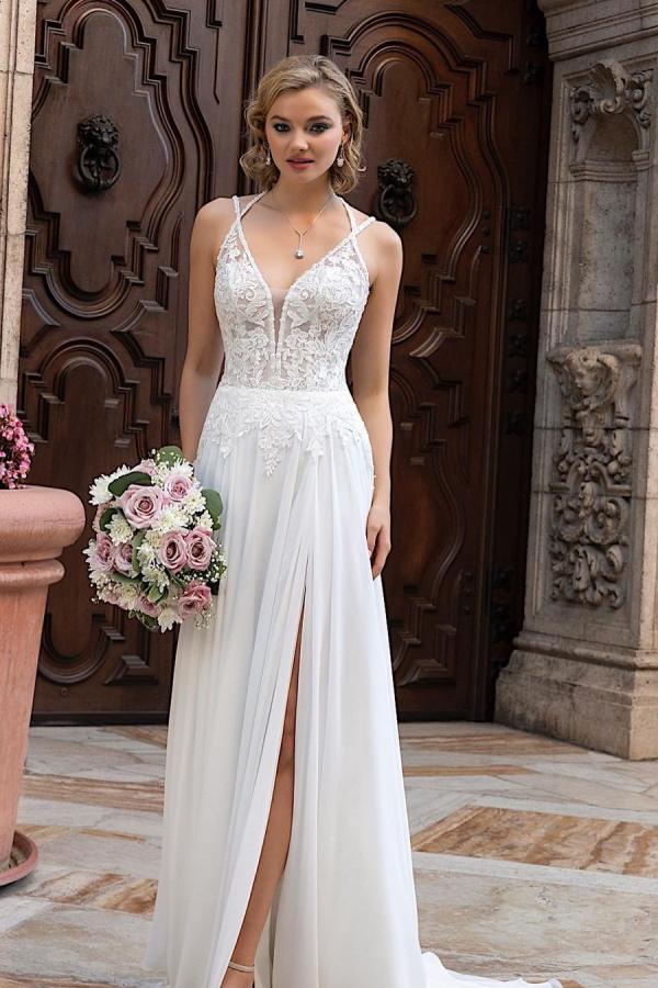 Chiffon Wedding Dress Lace Appliques With Slit (ZD17516)
