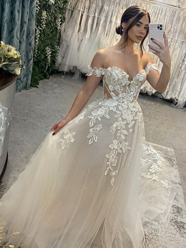 Off-The-Shoulder Illusion Corset Back Floral Lace Applique A-Line Tulle Wedding Dress - VelvetHem