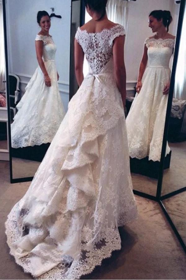 Classic Off-The-Shoulder Tiered Lace A-Line Wedding Dress (ZD16060) - VelvetHem