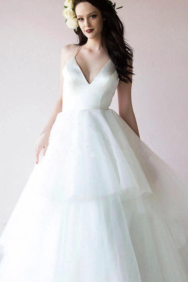 Classic Straps V Neck Ivory Long Bridal Gown Wedding Dresses (ZD15346)