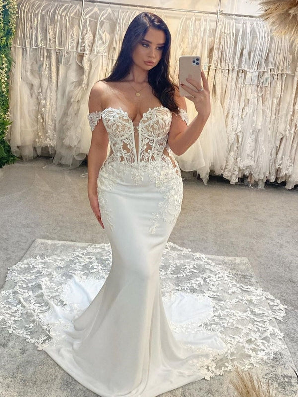 Modern Satin Lace Corset Bodice Off-Shoulder Mermaid Wedding Gown Lace Train - VelvetHem