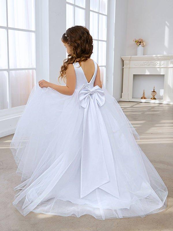 Classic White A-line Sleeveless Satin and Tulle Flower Girl Dress - VelvetHem