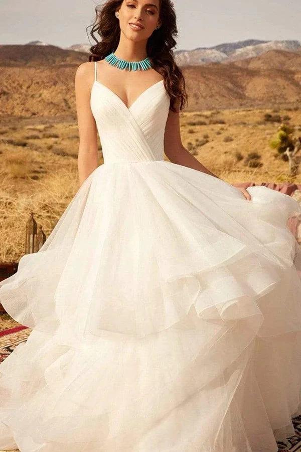 ClassicSpaghetti-Straps V-Neck Wedding Dress Ruffles Chiffon Tulle Designer Bridal Dress (ZD13837) - VelvetHem
