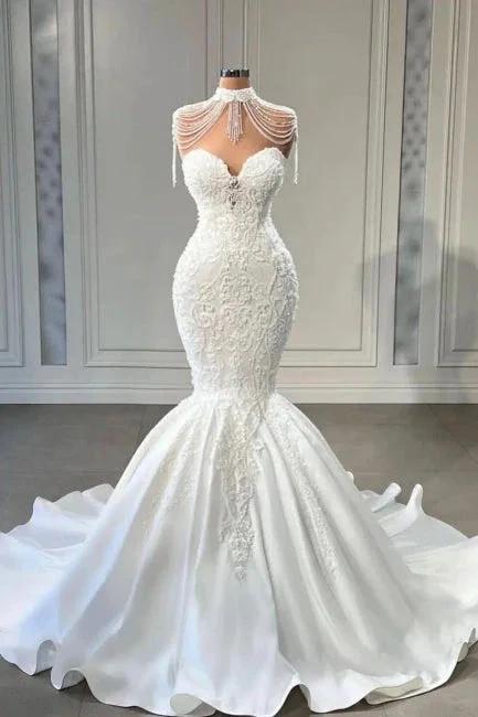 Classy Appliques Lace Tassel Sweetheart Sleeveless Chapel Mermaid Wedding Dresses (ZD16422) - VelvetHem