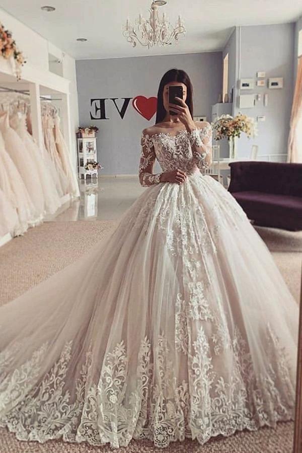 Classy Long A-Line Bateau Appliques Lace Tulle Wedding Dress with Sleeves (ZD15053) - VelvetHem