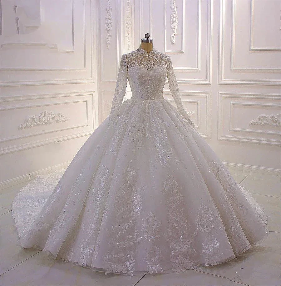 Classy Long A-line High Neck Appliques Lace Pearl Sequins Ruffles Wedding Dress with Sleeves (ZD15139)
