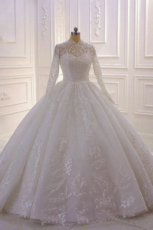 Classy Long A-line High Neck Appliques Lace Pearl Sequins Ruffles Wedding Dress with Sleeves (ZD15139)