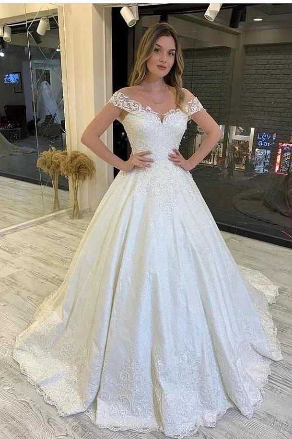 Classy Long A-Line Off-the-Shoulder Appliques Lace Backless Wedding Dress (ZD15081)
