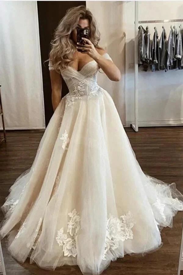 Classy Long A-line Off-the-shoulder Tulle Lace Wedding Dress (ZD15015) - VelvetHem