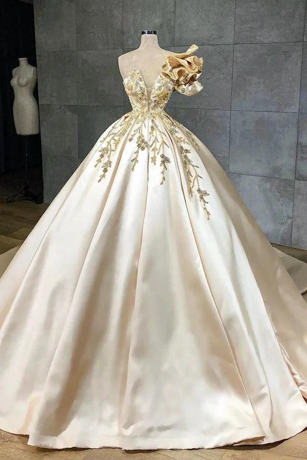 Classy Long A-Line Sweetheart Crystal Satin Ruffles Wedding Dress (ZD15131) - VelvetHem