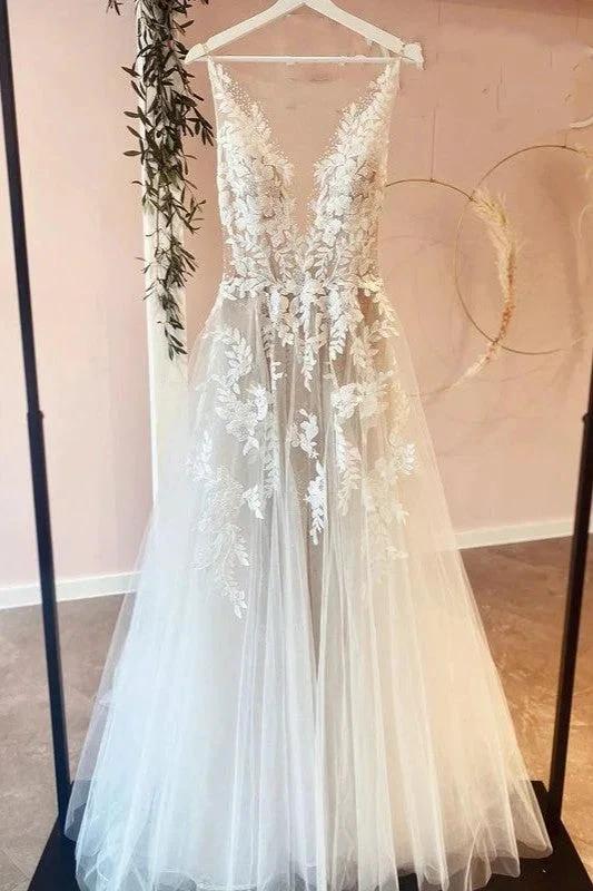 Classy Long A-line Tulle Appliques Lace Wedding Dress (ZD14277)